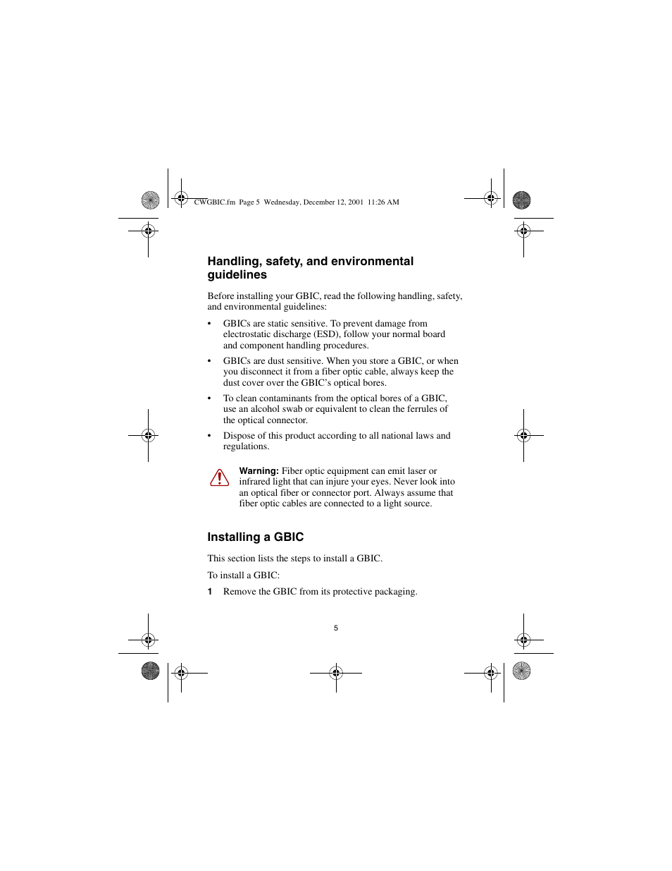 Handling, safety, and environmental guidelines, Installing a gbic | Nortel Networks CWDM SFP User Manual | Page 7 / 34
