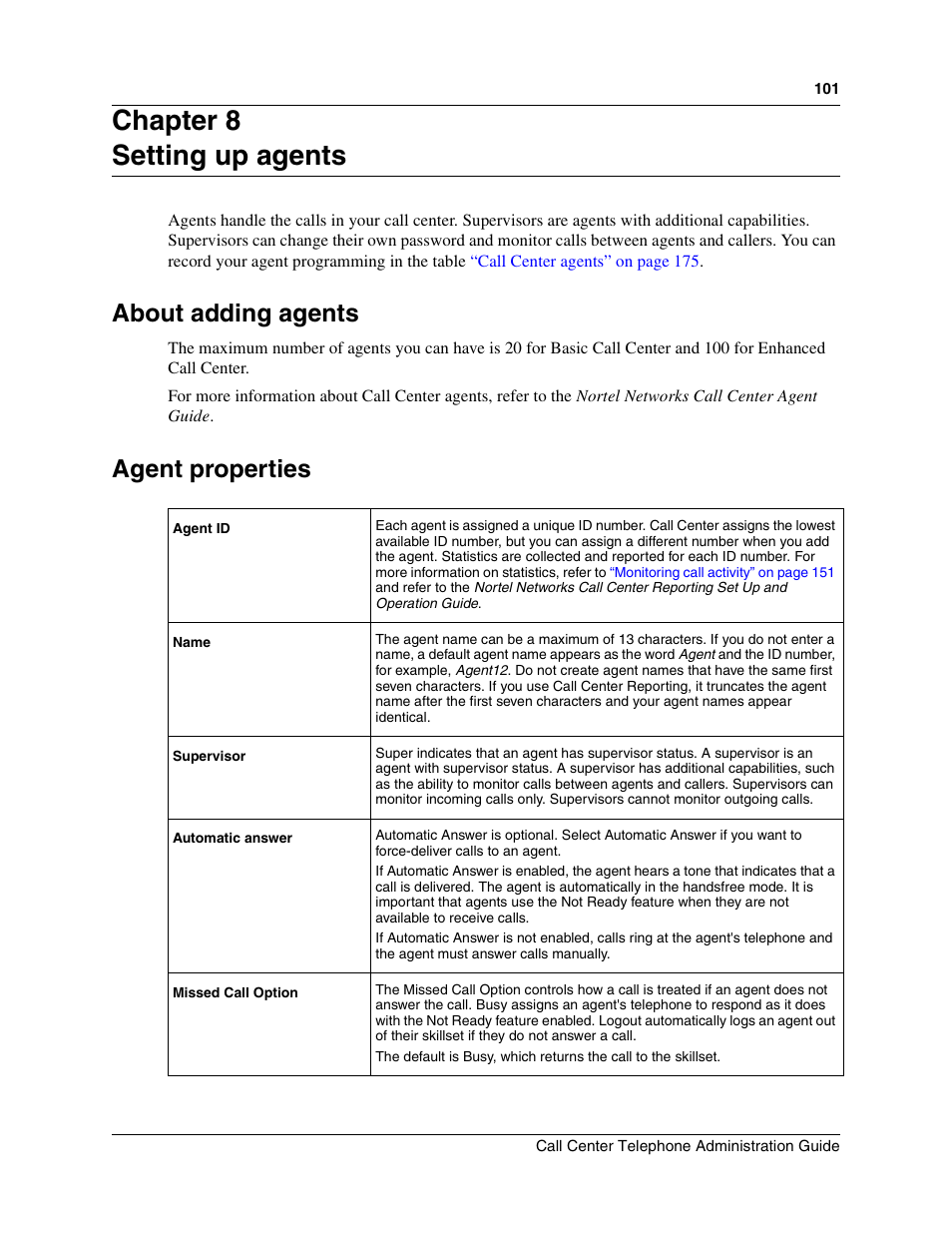 Chapter 8, Setting up agents, About adding agents | Agent properties, Chapter 8 setting up agents | Nortel Networks Call Center Telephone User Manual | Page 101 / 191