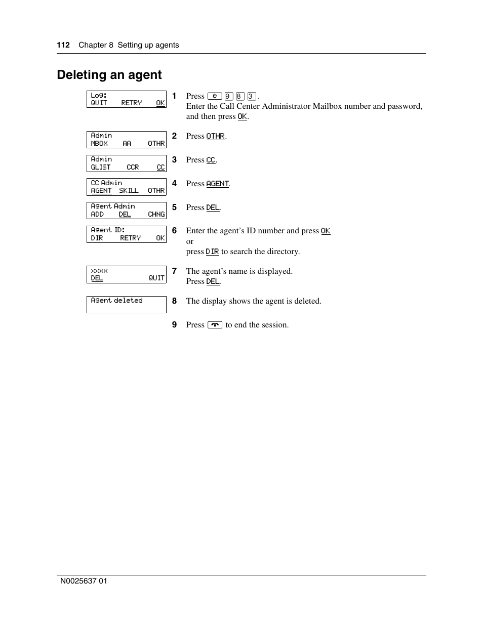 Deleting an agent | Nortel Networks Call Center Telephone User Manual | Page 112 / 191