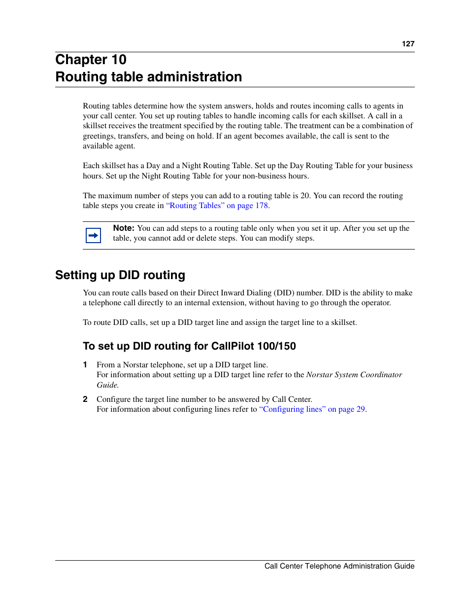 Chapter 10, Routing table administration, Setting up did routing | Chapter 10 routing table administration, Chapter 10, “routing table | Nortel Networks Call Center Telephone User Manual | Page 127 / 191