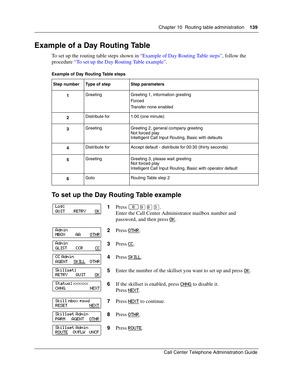 Example of a day routing table | Nortel Networks Call Center Telephone User Manual | Page 139 / 191