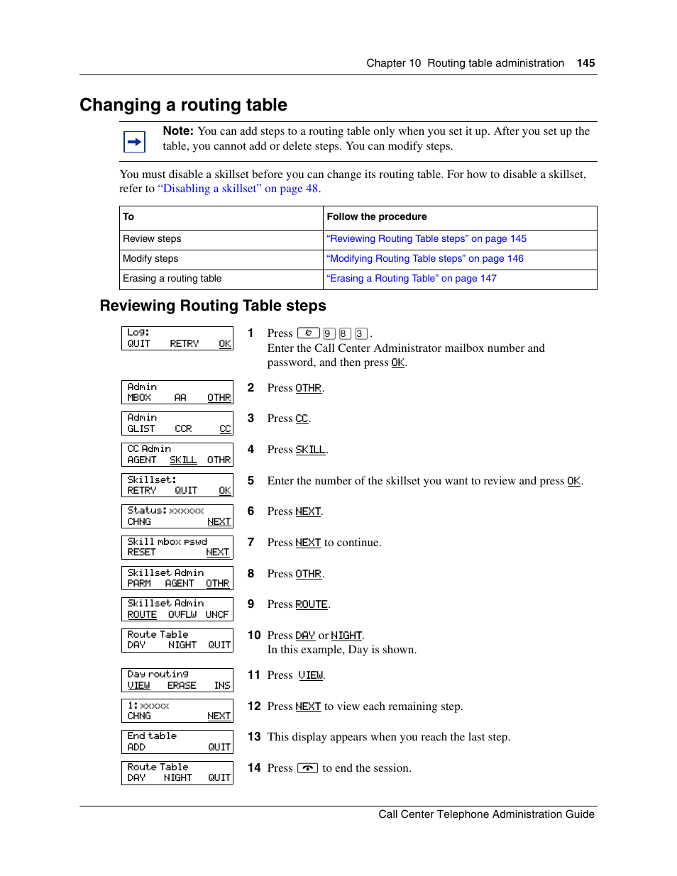 Changing a routing table, Reviewing routing table steps | Nortel Networks Call Center Telephone User Manual | Page 145 / 191