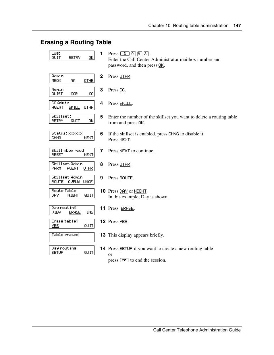 Erasing a routing table | Nortel Networks Call Center Telephone User Manual | Page 147 / 191