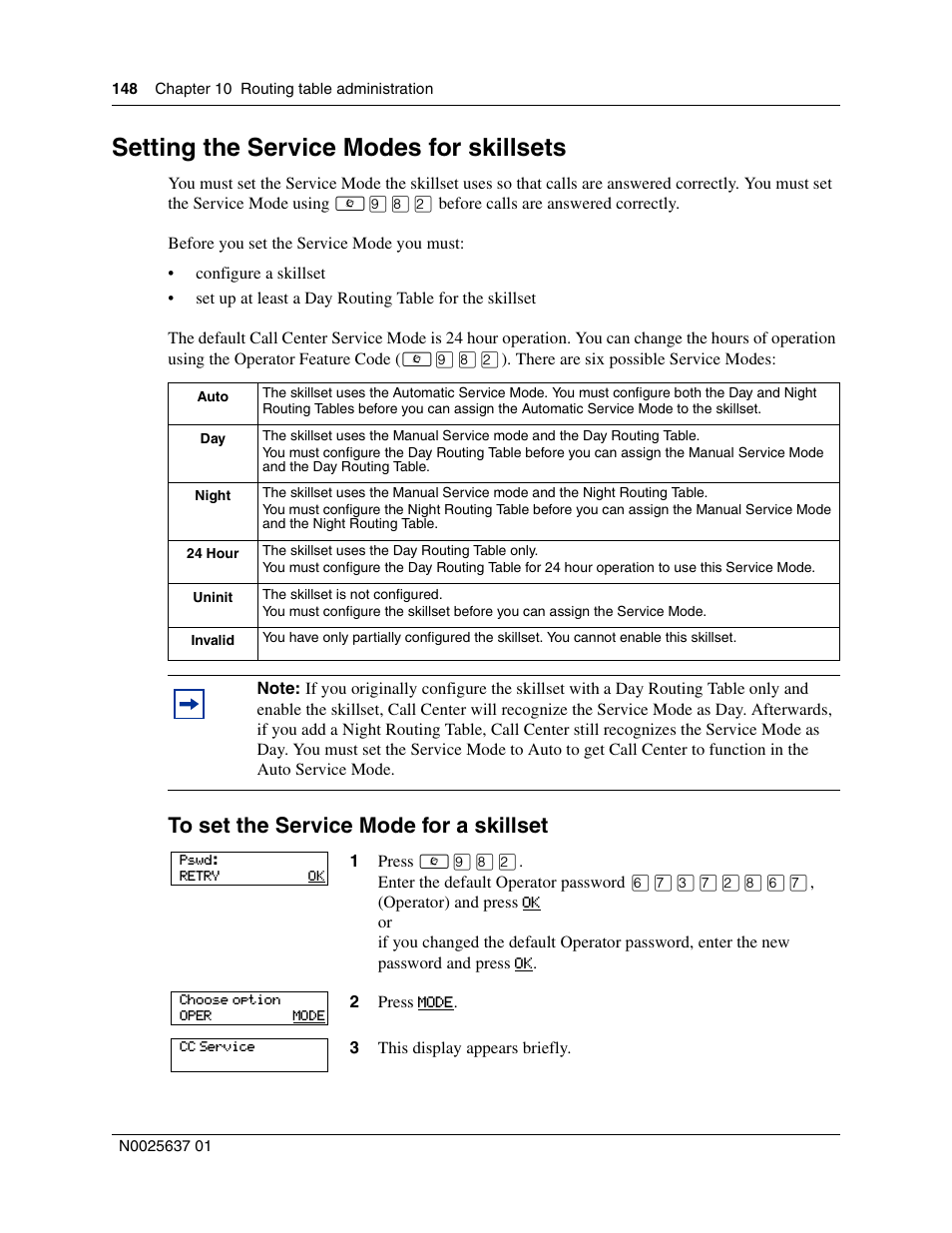 Setting the service modes for skillsets, Setting the | Nortel Networks Call Center Telephone User Manual | Page 148 / 191