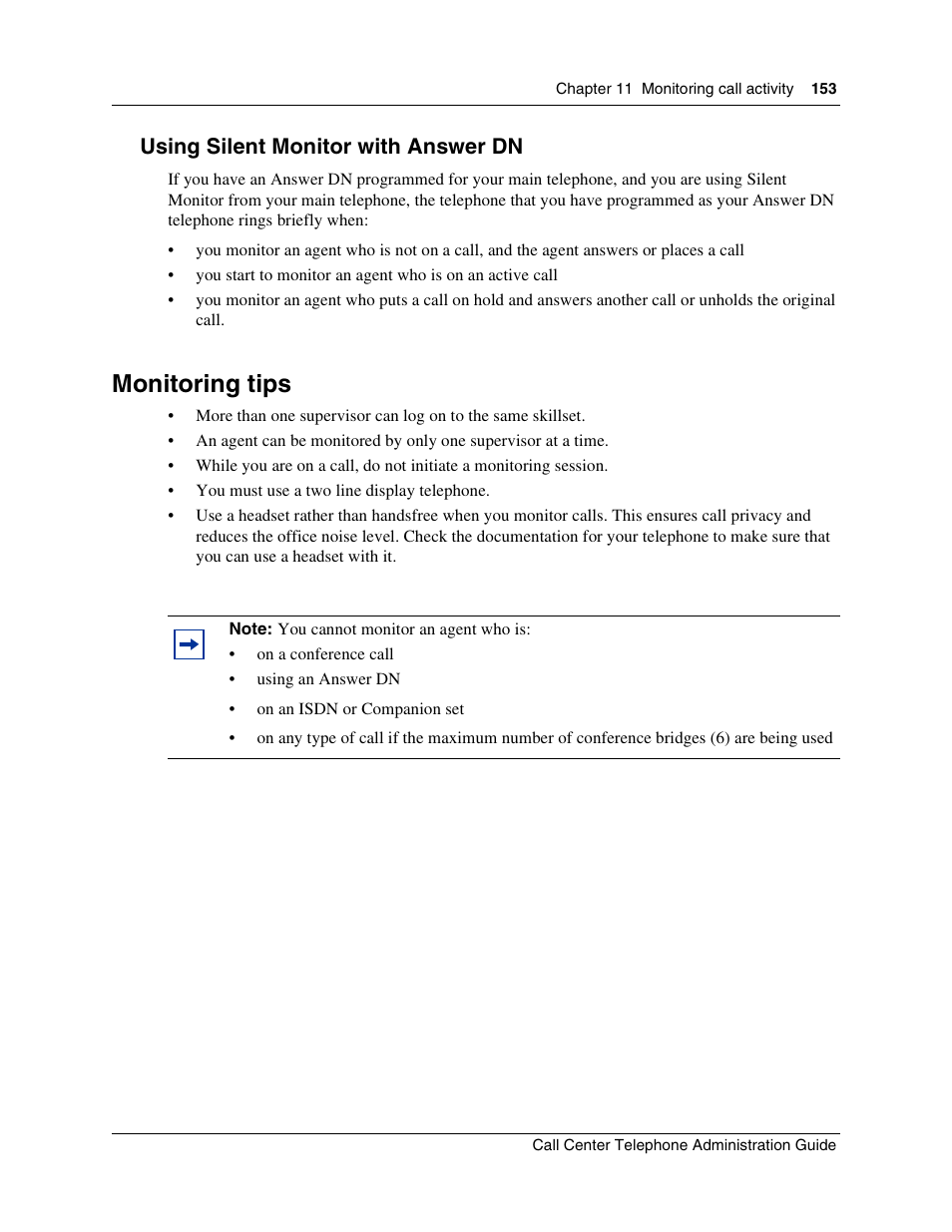 Using silent monitor with answer dn, Monitoring tips | Nortel Networks Call Center Telephone User Manual | Page 153 / 191