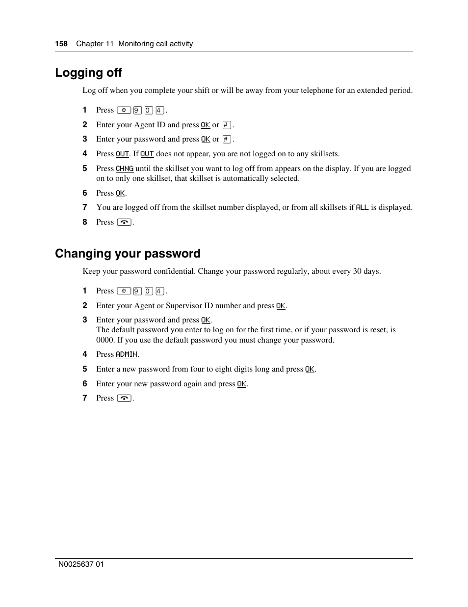 Logging off, Changing your password | Nortel Networks Call Center Telephone User Manual | Page 158 / 191