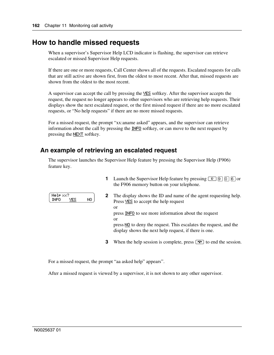 How to handle missed requests, An example of retrieving an escalated request | Nortel Networks Call Center Telephone User Manual | Page 162 / 191