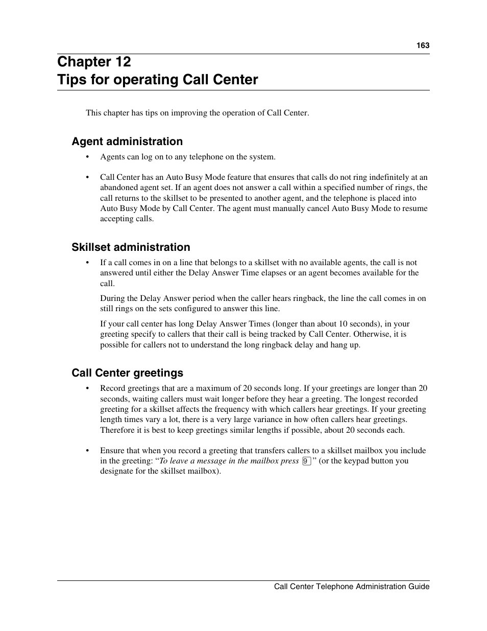 Chapter 12, Tips for operating call center, Agent administration | Skillset administration, Call center greetings, Chapter 12 tips for operating call center | Nortel Networks Call Center Telephone User Manual | Page 163 / 191