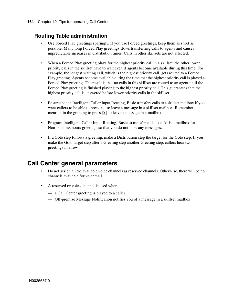 Routing table administration, Call center general parameters | Nortel Networks Call Center Telephone User Manual | Page 164 / 191