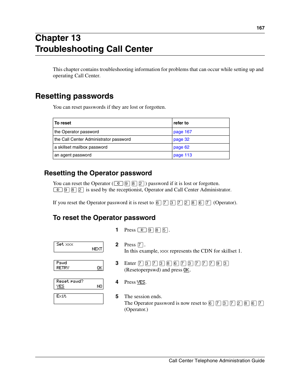 Chapter 13, Troubleshooting call center, Resetting passwords | Resetting the operator password, Chapter 13 troubleshooting call center | Nortel Networks Call Center Telephone User Manual | Page 167 / 191