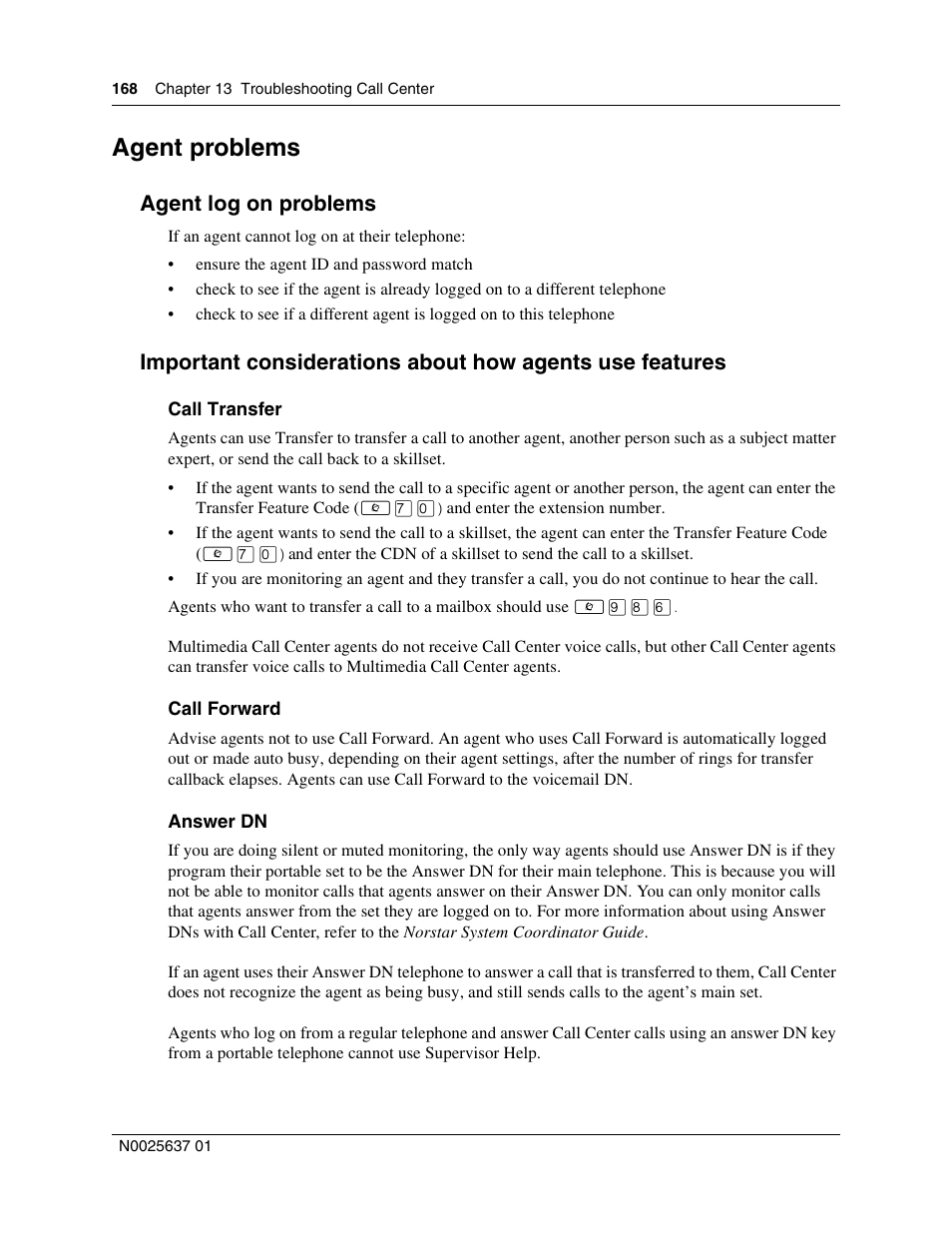 Agent problems, Agent log on problems | Nortel Networks Call Center Telephone User Manual | Page 168 / 191