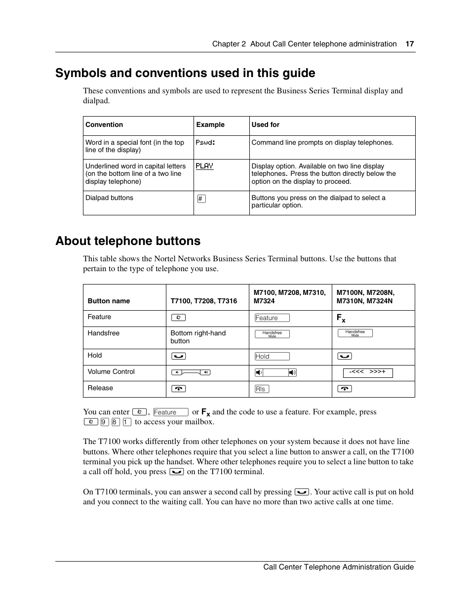 Symbols and conventions used in this guide, About telephone buttons | Nortel Networks Call Center Telephone User Manual | Page 17 / 191