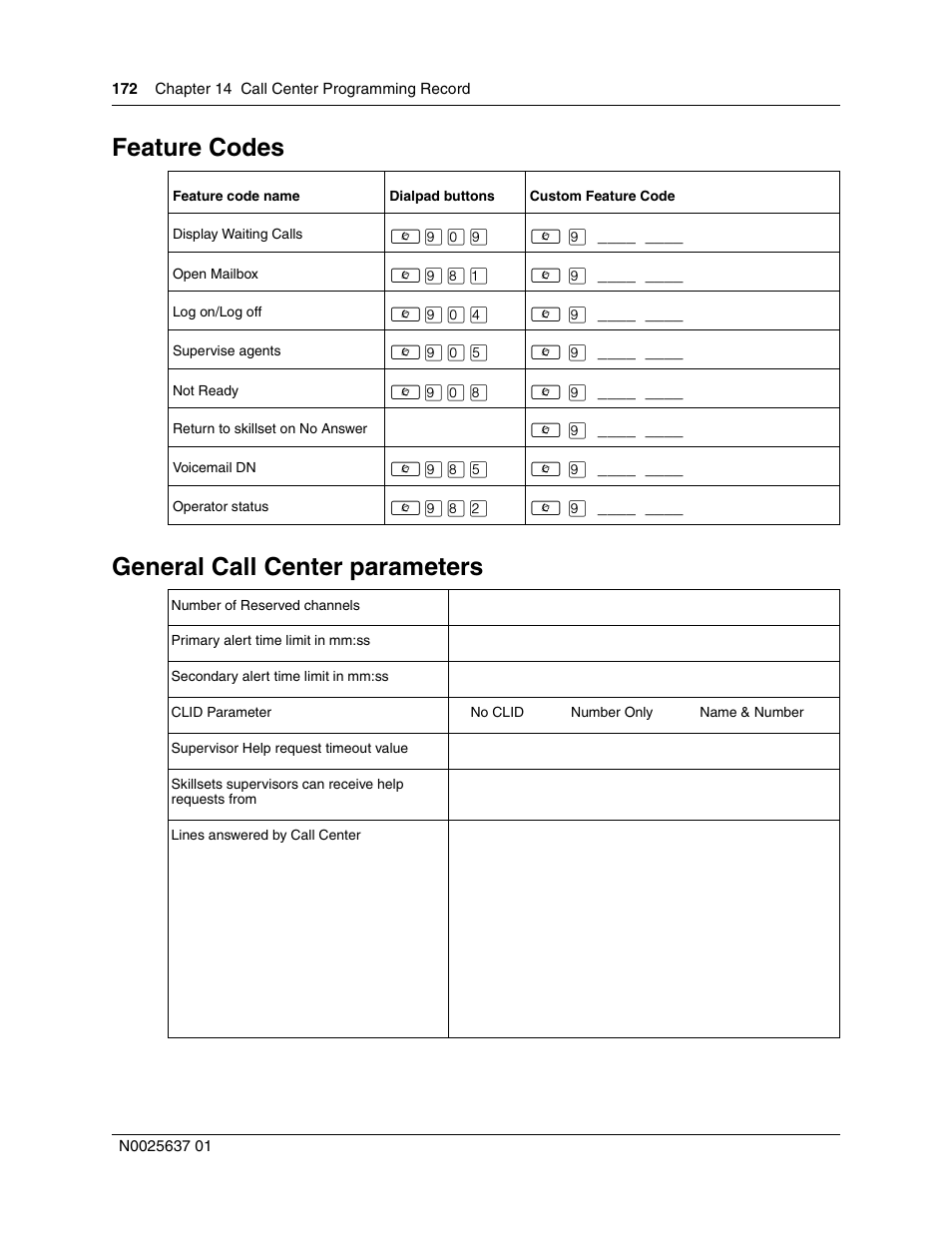 Feature codes, General call center parameters, Feature codes general call center parameters | Nortel Networks Call Center Telephone User Manual | Page 172 / 191