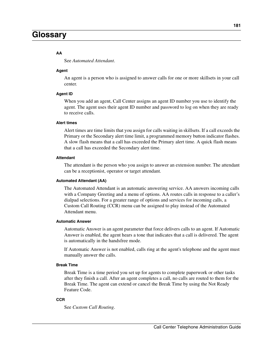 Glossary | Nortel Networks Call Center Telephone User Manual | Page 181 / 191