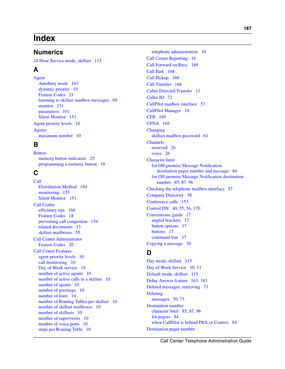 Index, Numerics | Nortel Networks Call Center Telephone User Manual | Page 187 / 191