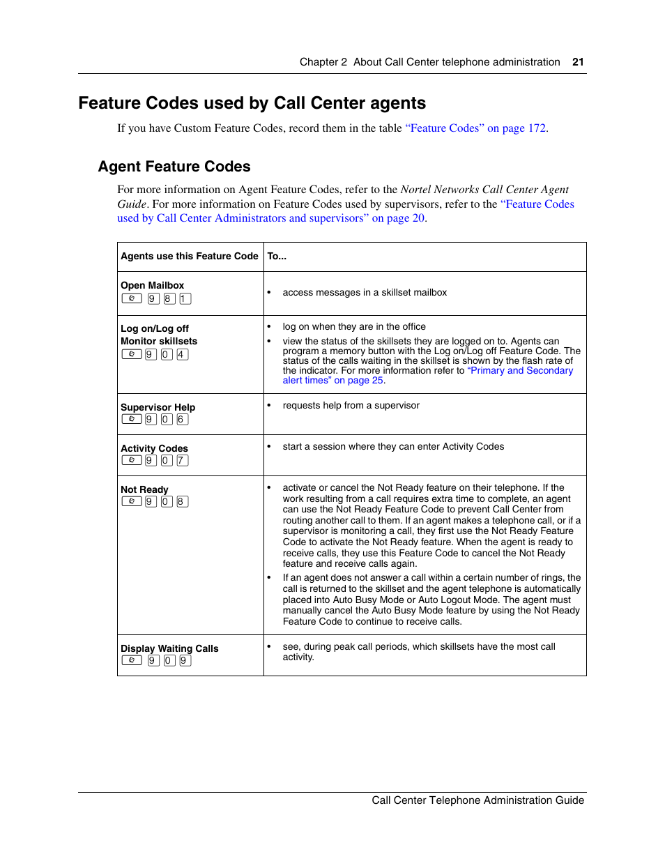 Feature codes used by call center agents, Agent feature codes, Feature codes used by call center | Feature | Nortel Networks Call Center Telephone User Manual | Page 21 / 191