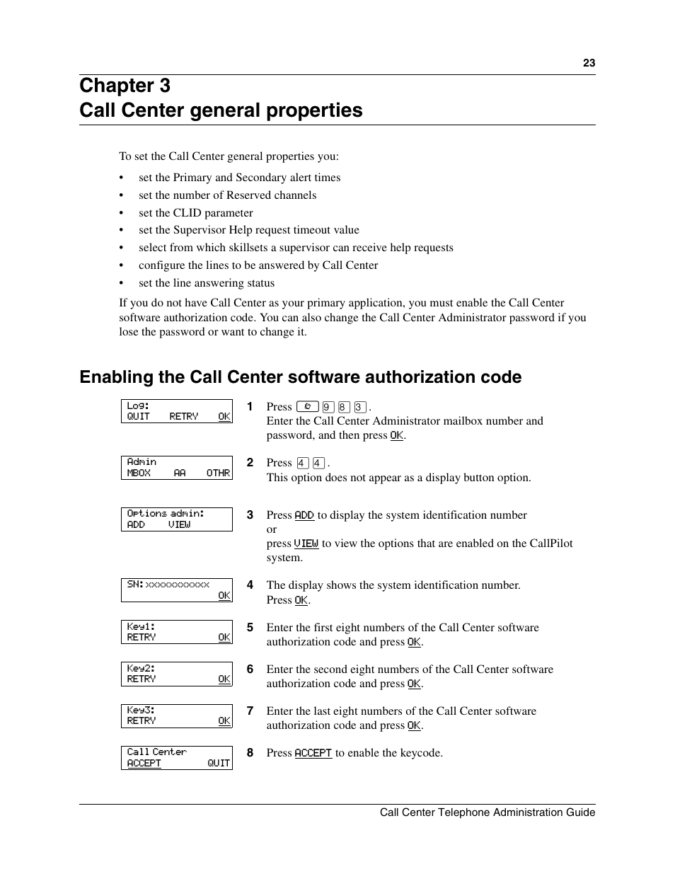 Chapter 3, Call center general properties, Chapter 3 call center general properties | Nortel Networks Call Center Telephone User Manual | Page 23 / 191