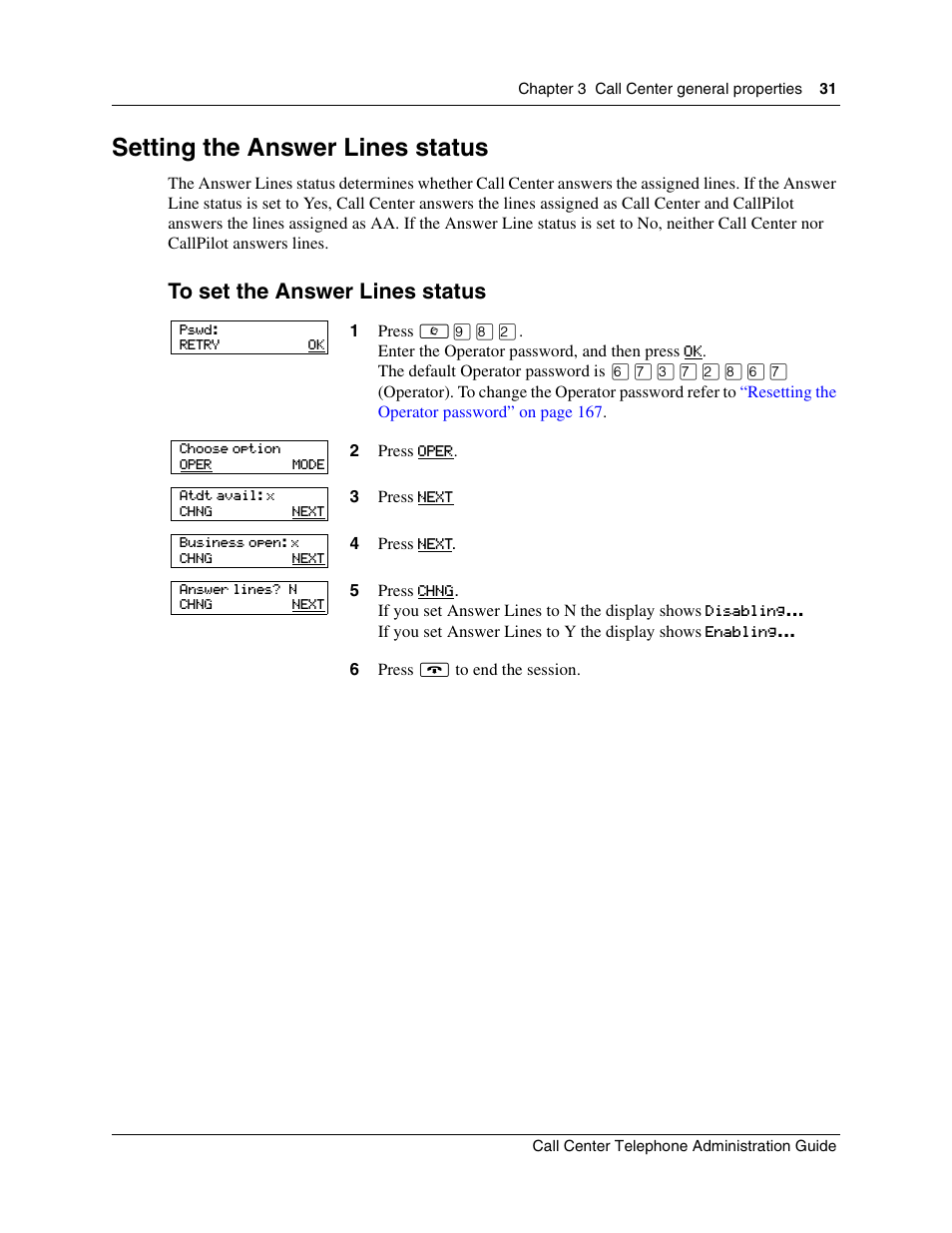 Setting the answer lines status | Nortel Networks Call Center Telephone User Manual | Page 31 / 191