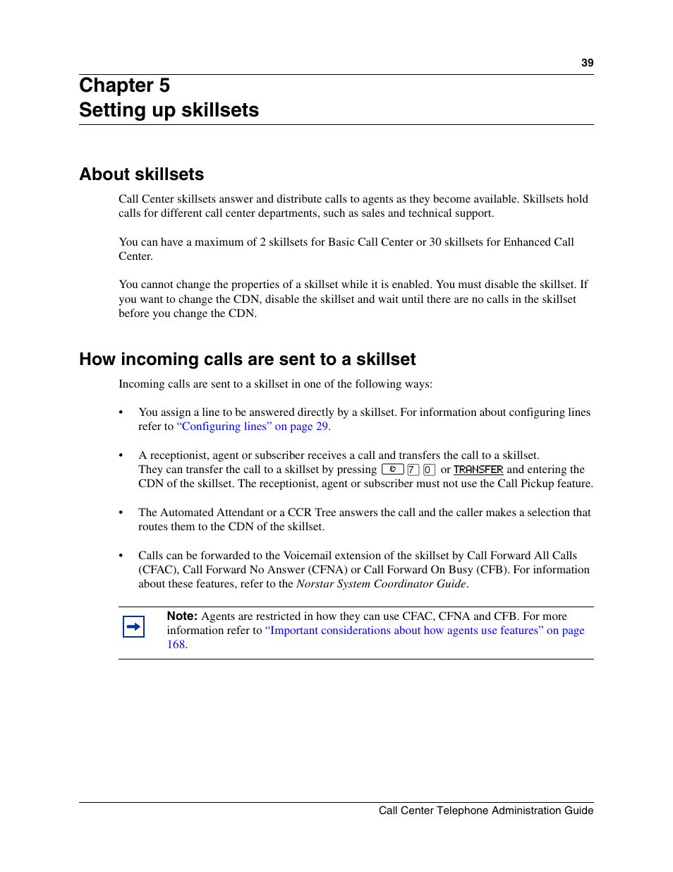 Chapter 5, Setting up skillsets, About skillsets | How incoming calls are sent to a skillset, Chapter 5 setting up skillsets | Nortel Networks Call Center Telephone User Manual | Page 39 / 191