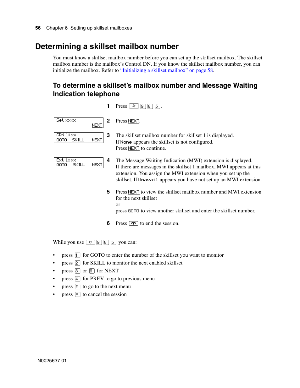 Determining a skillset mailbox number, Determining a skillset mailbox, Determining a skillset | Nortel Networks Call Center Telephone User Manual | Page 56 / 191