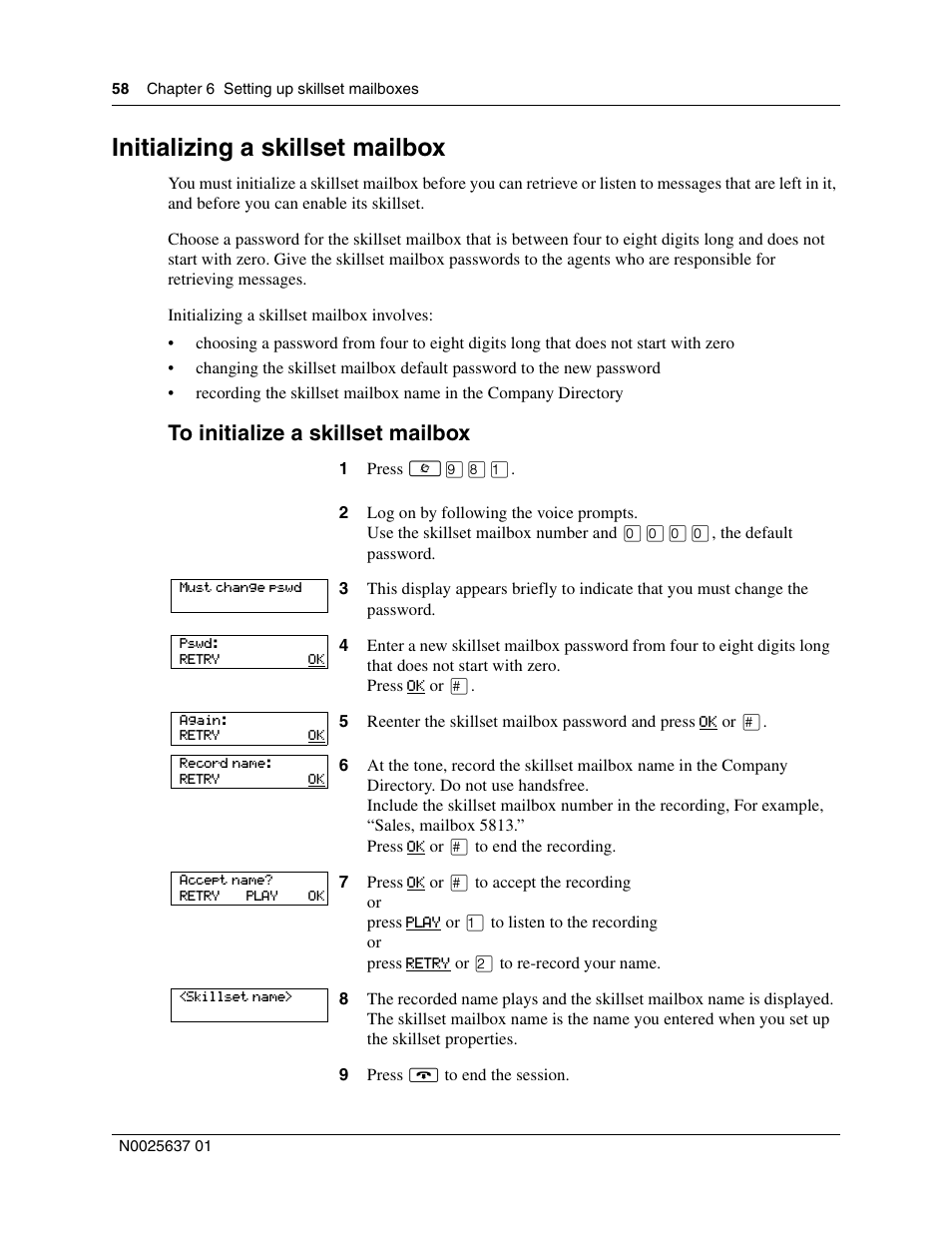 Initializing a skillset mailbox, Initializing a | Nortel Networks Call Center Telephone User Manual | Page 58 / 191
