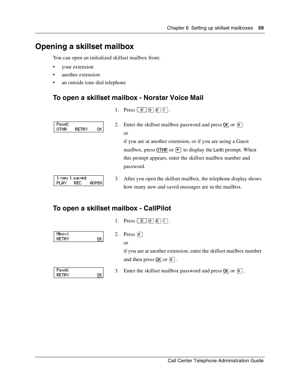 Opening a skillset mailbox | Nortel Networks Call Center Telephone User Manual | Page 59 / 191