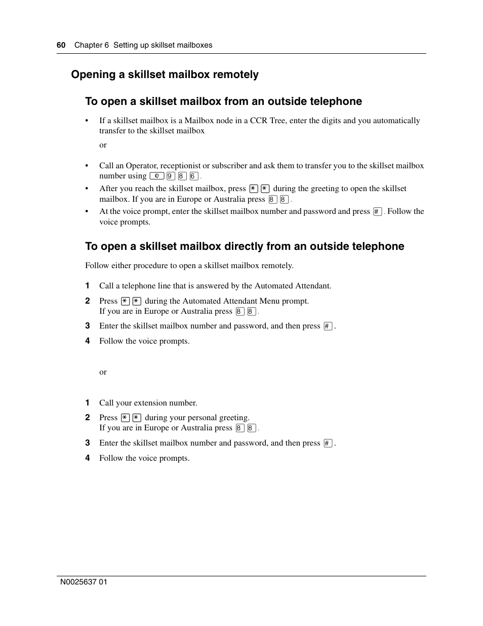 Opening a skillset mailbox remotely | Nortel Networks Call Center Telephone User Manual | Page 60 / 191