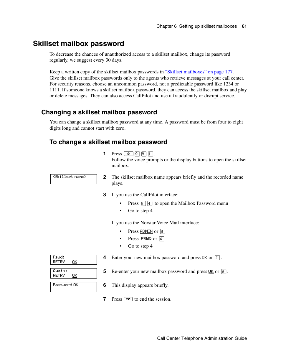 Skillset mailbox password, Changing a skillset mailbox password | Nortel Networks Call Center Telephone User Manual | Page 61 / 191