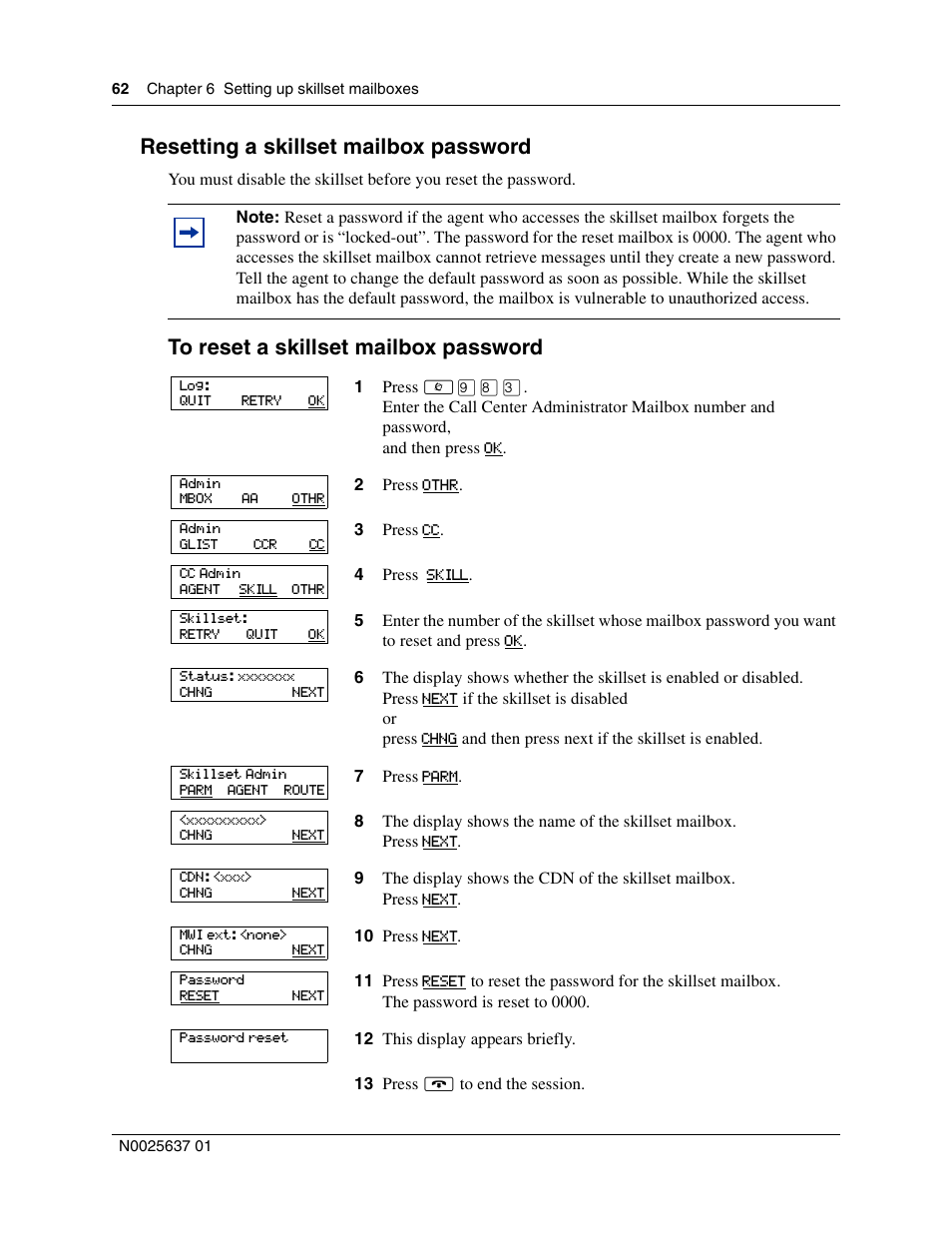 Resetting a skillset mailbox password | Nortel Networks Call Center Telephone User Manual | Page 62 / 191