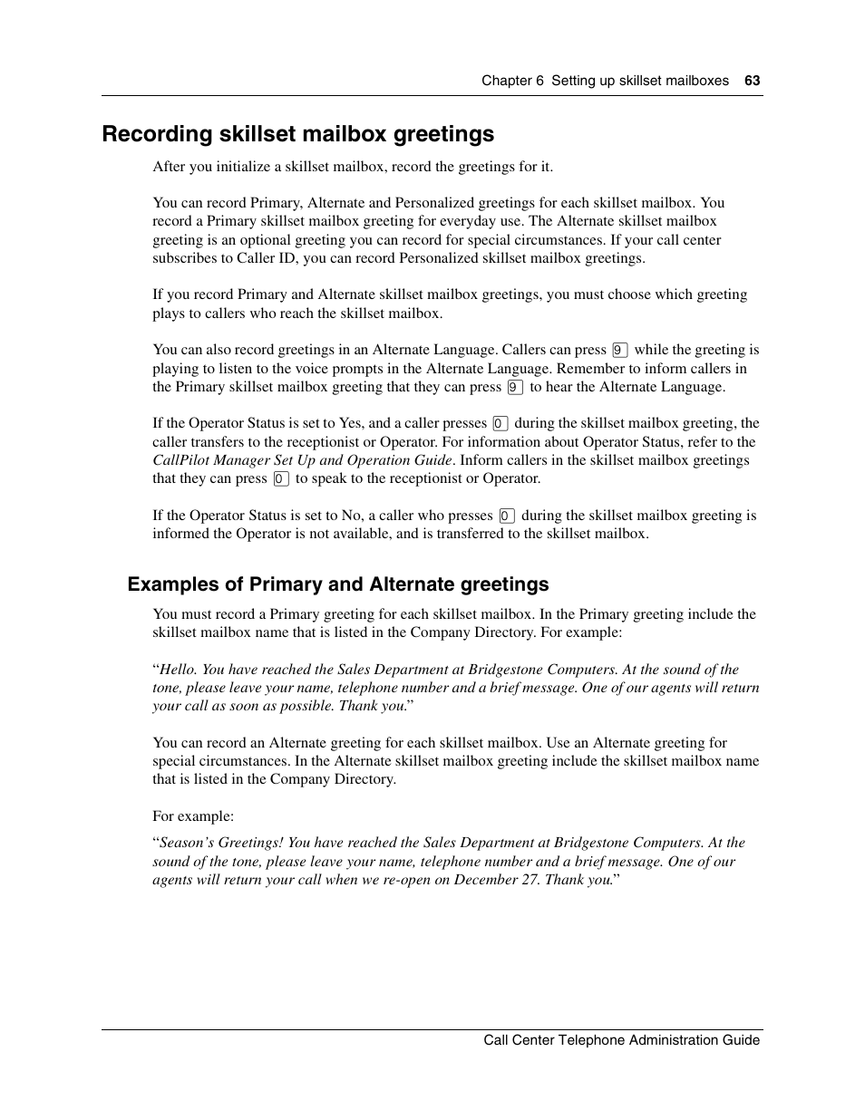 Recording skillset mailbox greetings, Examples of primary and alternate greetings | Nortel Networks Call Center Telephone User Manual | Page 63 / 191