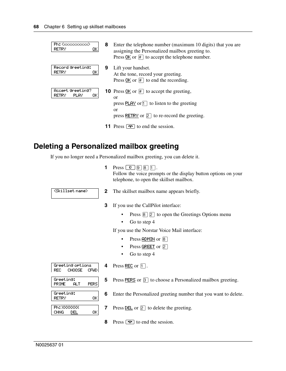 Deleting a personalized mailbox greeting | Nortel Networks Call Center Telephone User Manual | Page 68 / 191