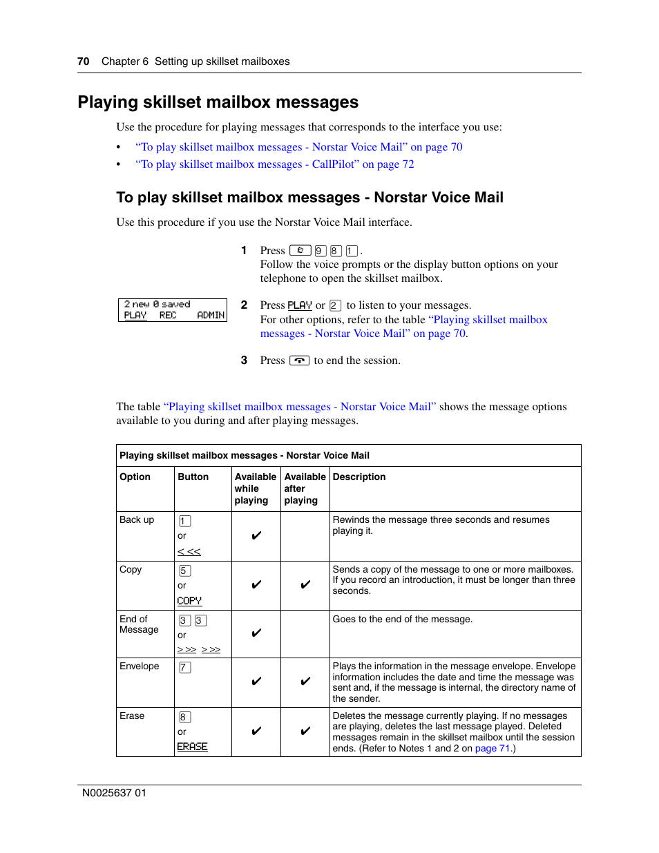 Playing skillset mailbox messages | Nortel Networks Call Center Telephone User Manual | Page 70 / 191