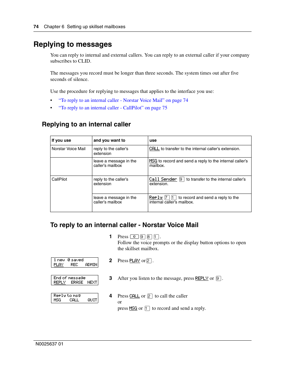 Replying to messages, Replying to an internal caller | Nortel Networks Call Center Telephone User Manual | Page 74 / 191