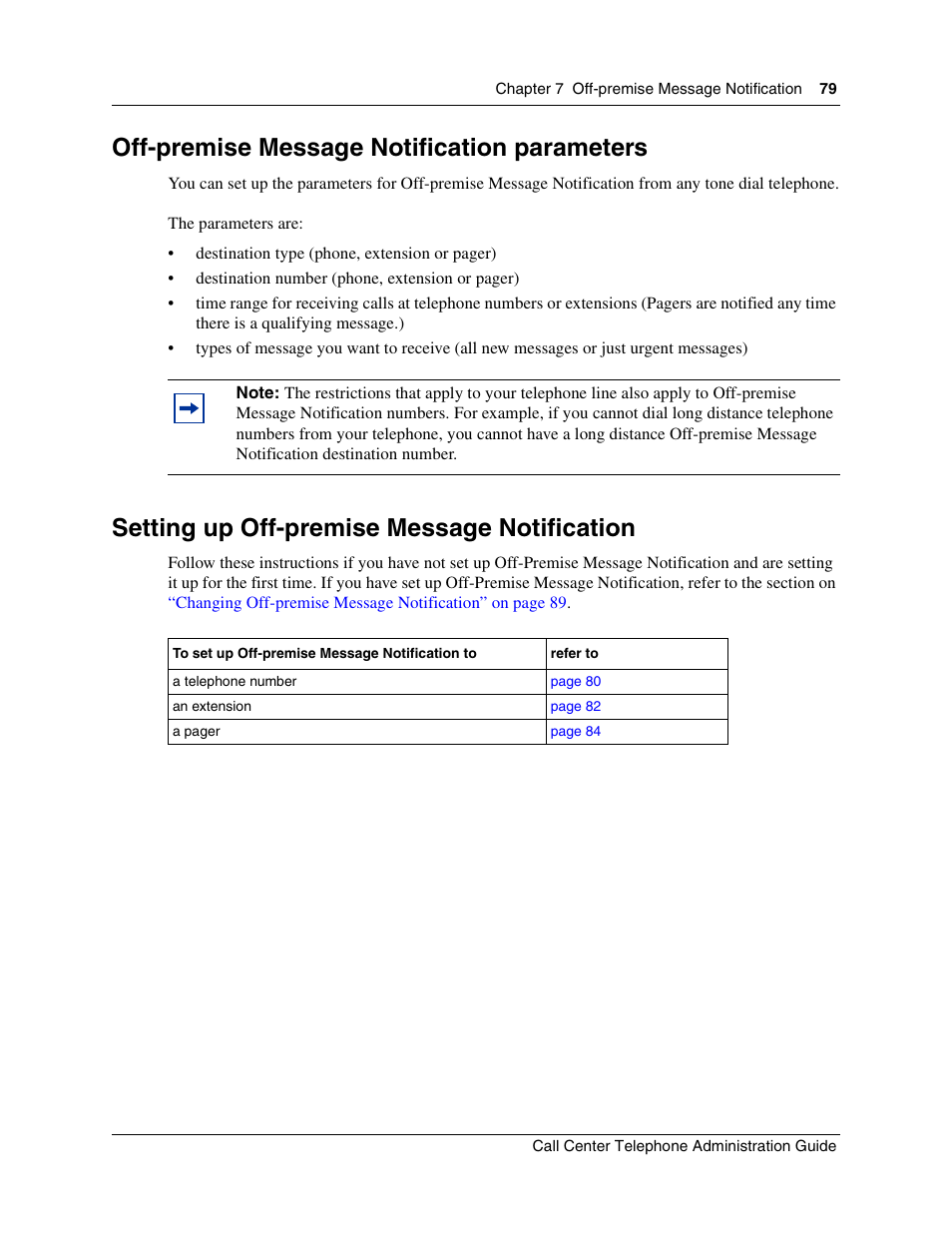 Off-premise message notification parameters, Setting up off-premise message notification | Nortel Networks Call Center Telephone User Manual | Page 79 / 191