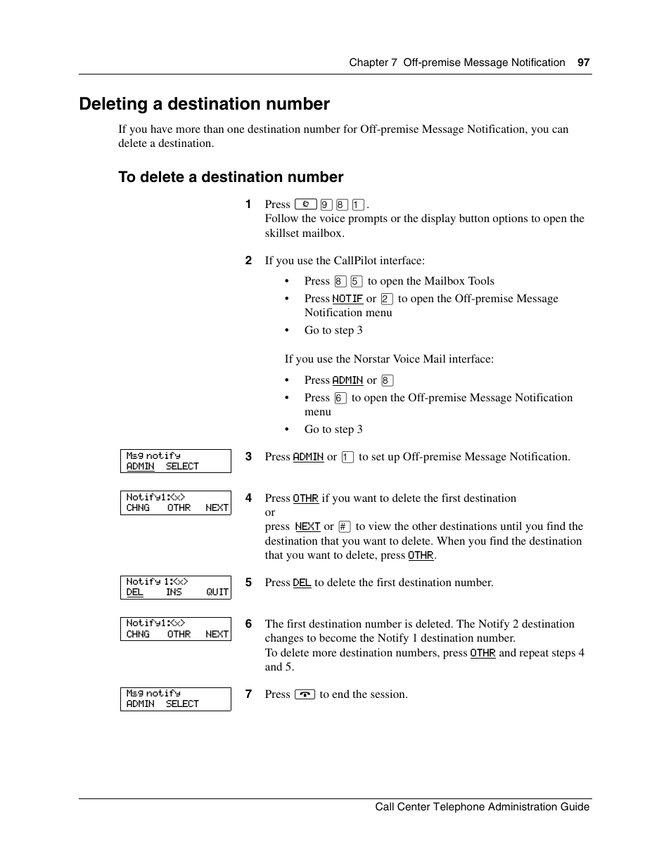 Deleting a destination number | Nortel Networks Call Center Telephone User Manual | Page 97 / 191