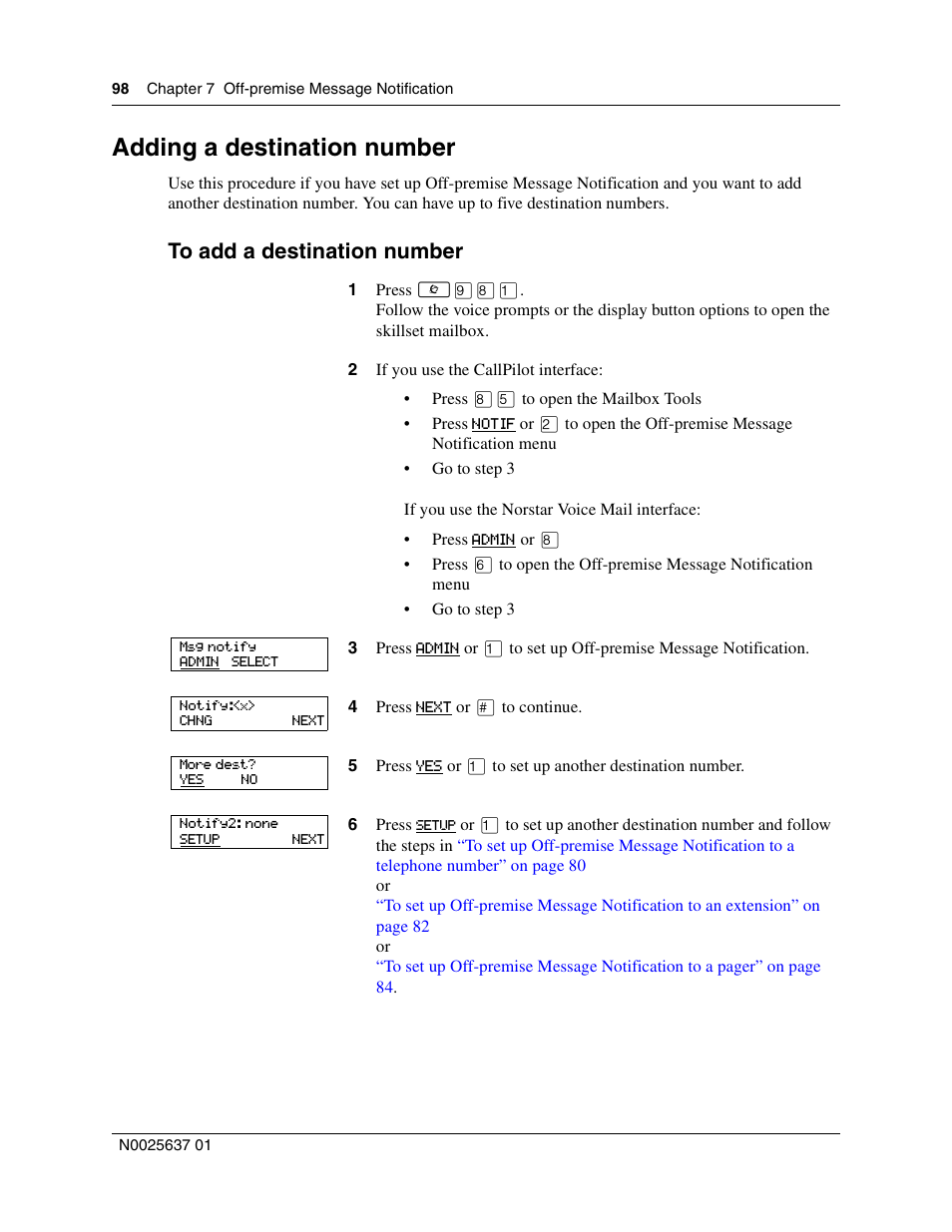 Adding a destination number | Nortel Networks Call Center Telephone User Manual | Page 98 / 191