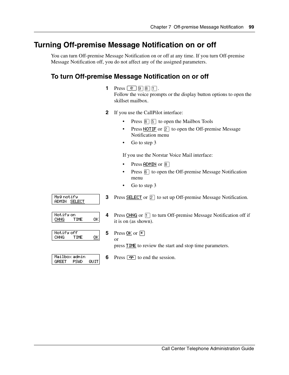 Turning off-premise message notification on or off | Nortel Networks Call Center Telephone User Manual | Page 99 / 191