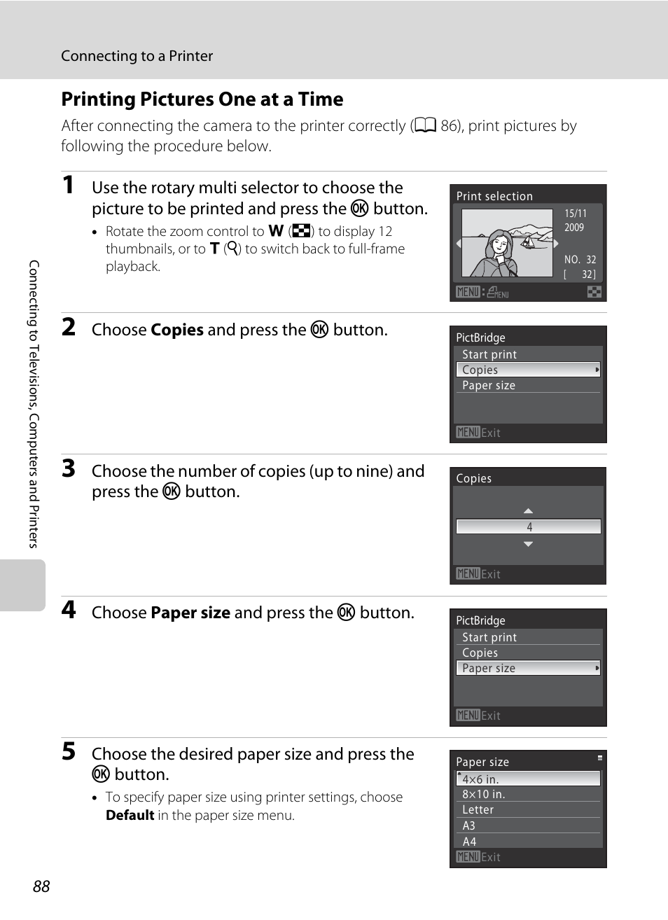 Printing pictures one at a time, A 88) | Nikon S640 User Manual | Page 100 / 176