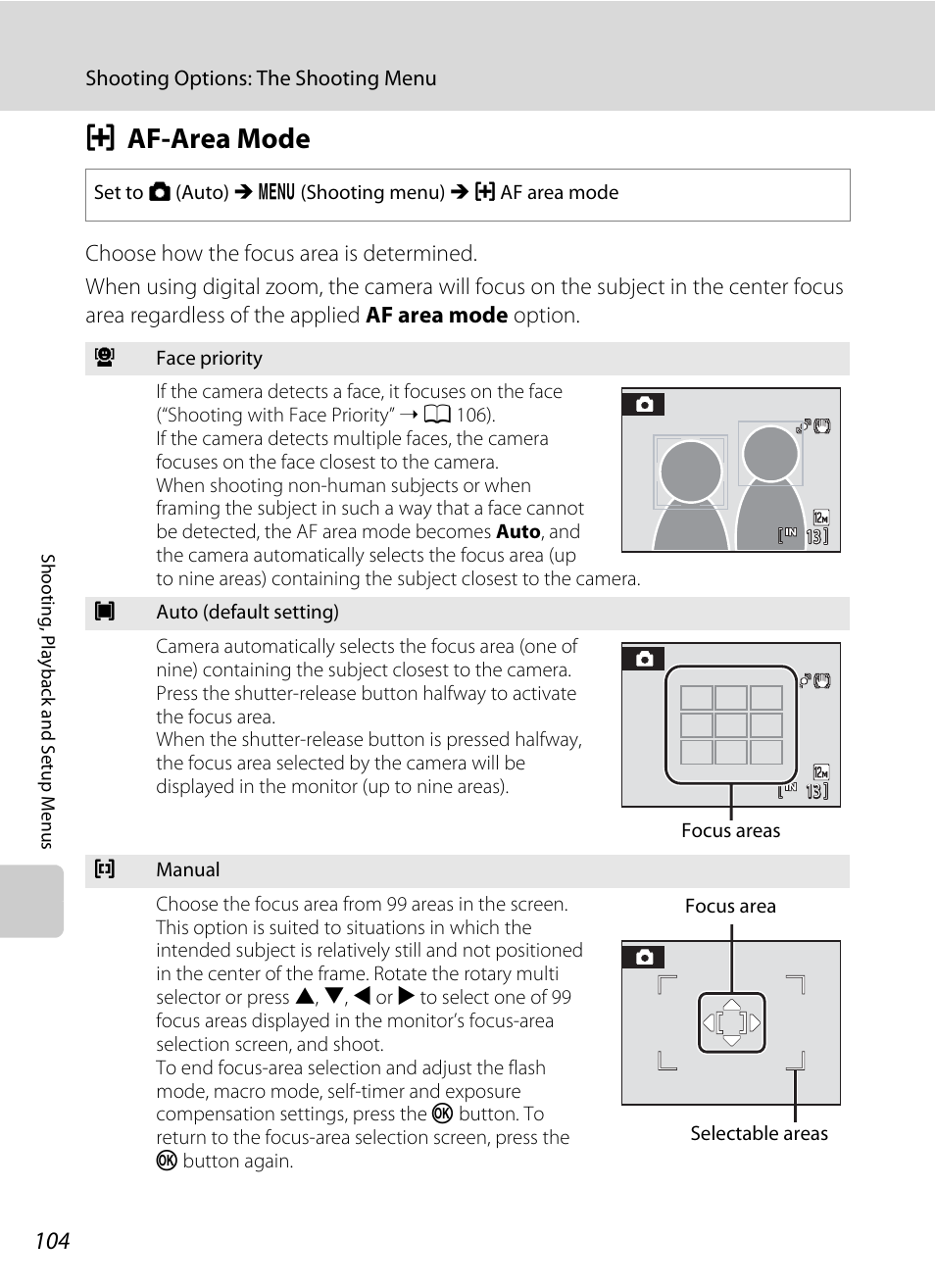 Af-area mode, G af-area mode, A 104) | A 104) i, Gaf-area mode | Nikon S640 User Manual | Page 116 / 176