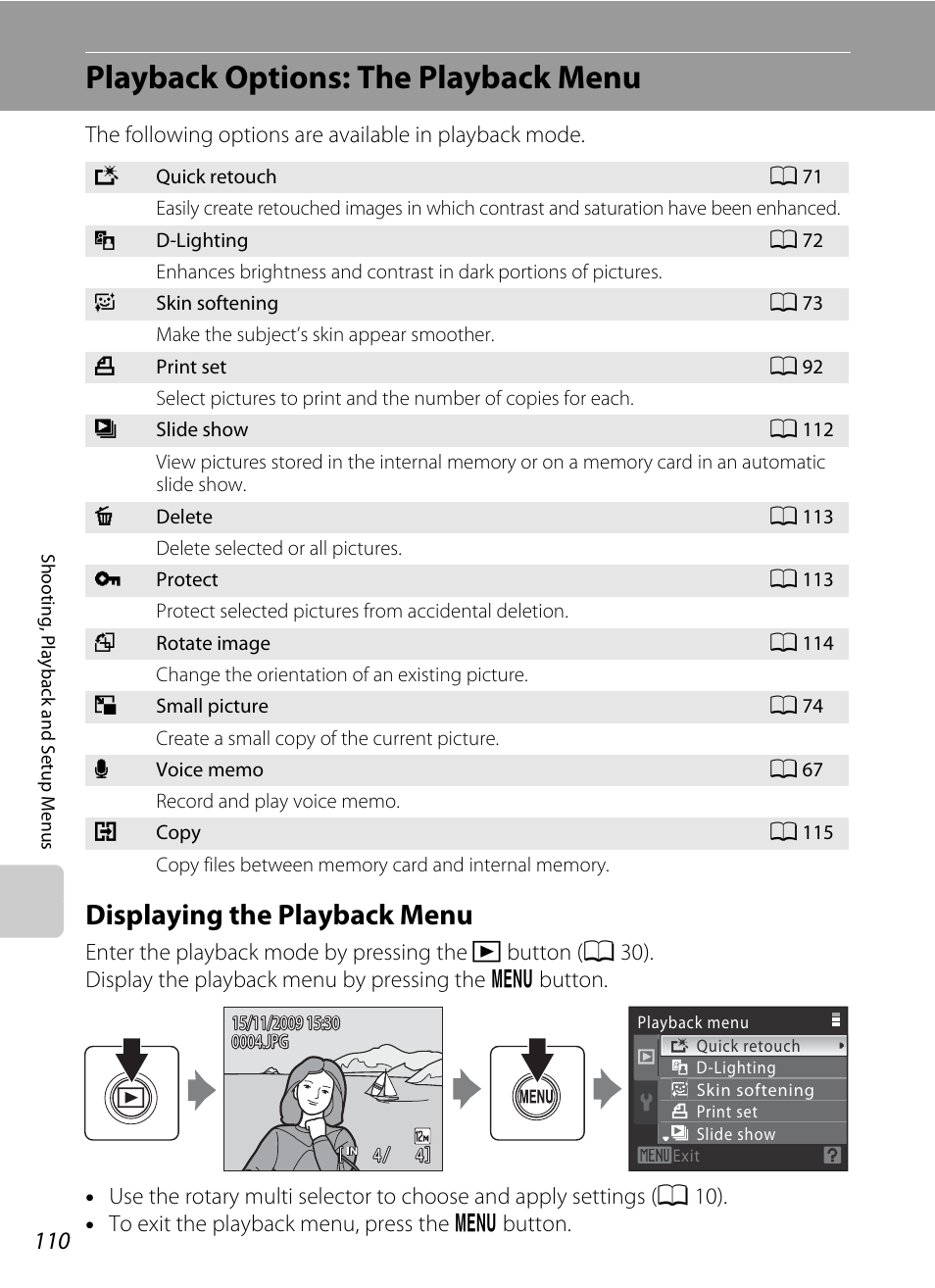 Playback options: the playback menu, Displaying the playback menu, A 110), li | Nikon S640 User Manual | Page 122 / 176