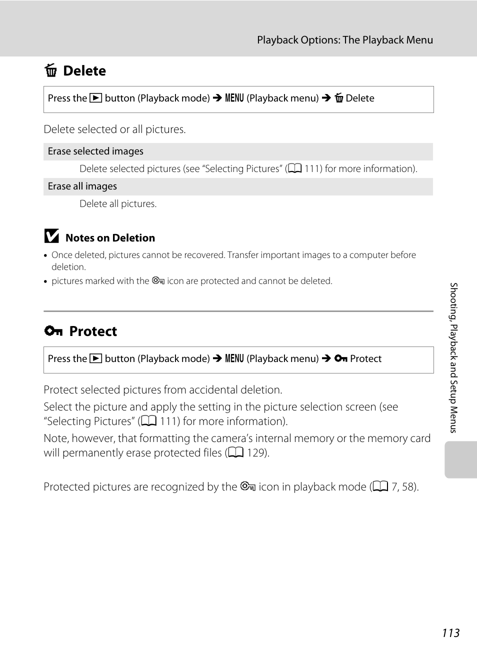 Delete, Protect, C delete d protect | A 113), A 113, In delete (a 113) protect, Cdelete, Dprotect | Nikon S640 User Manual | Page 125 / 176