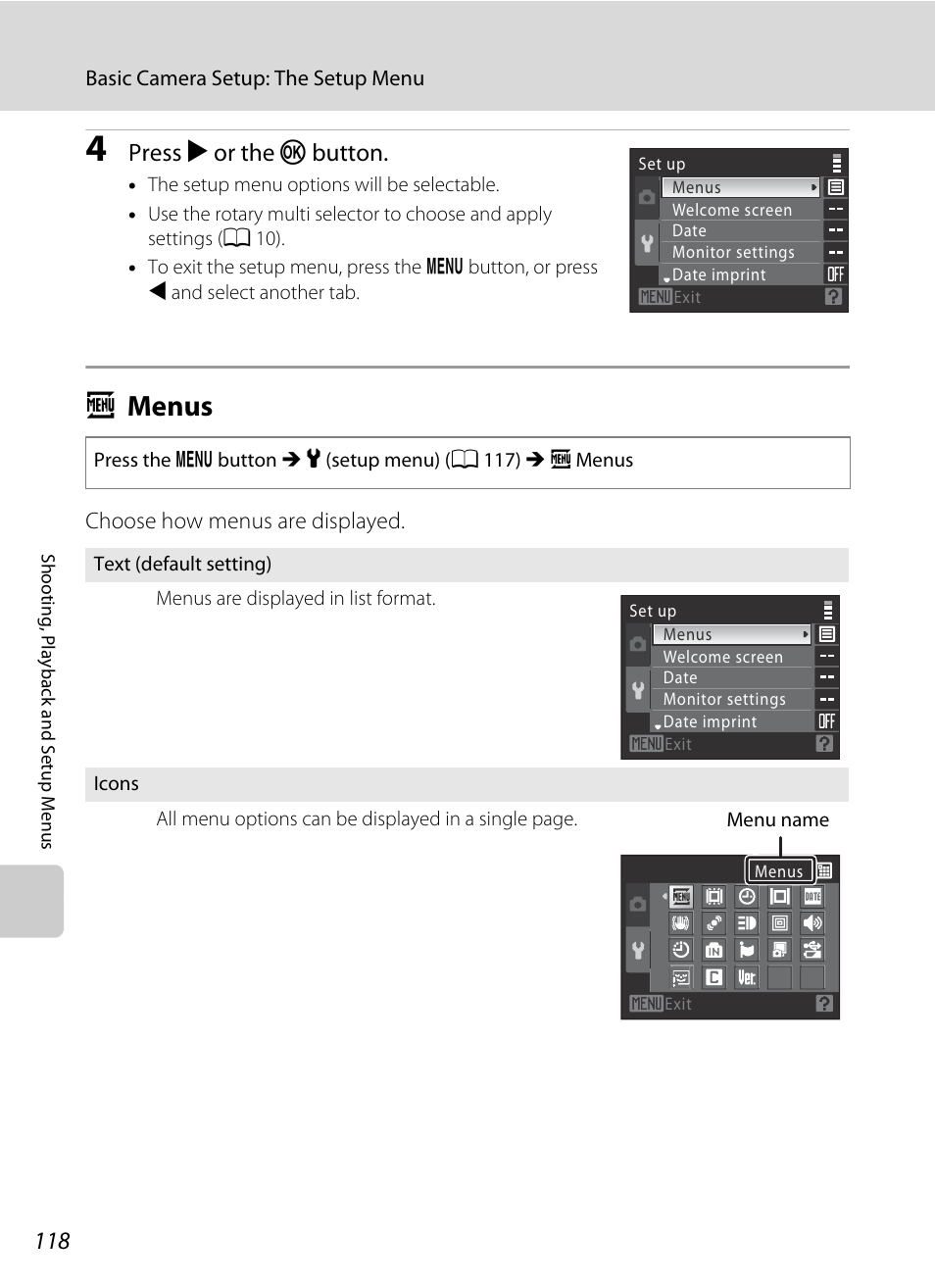 Menus, A menus, Amenus | Press k or the k button | Nikon S640 User Manual | Page 130 / 176