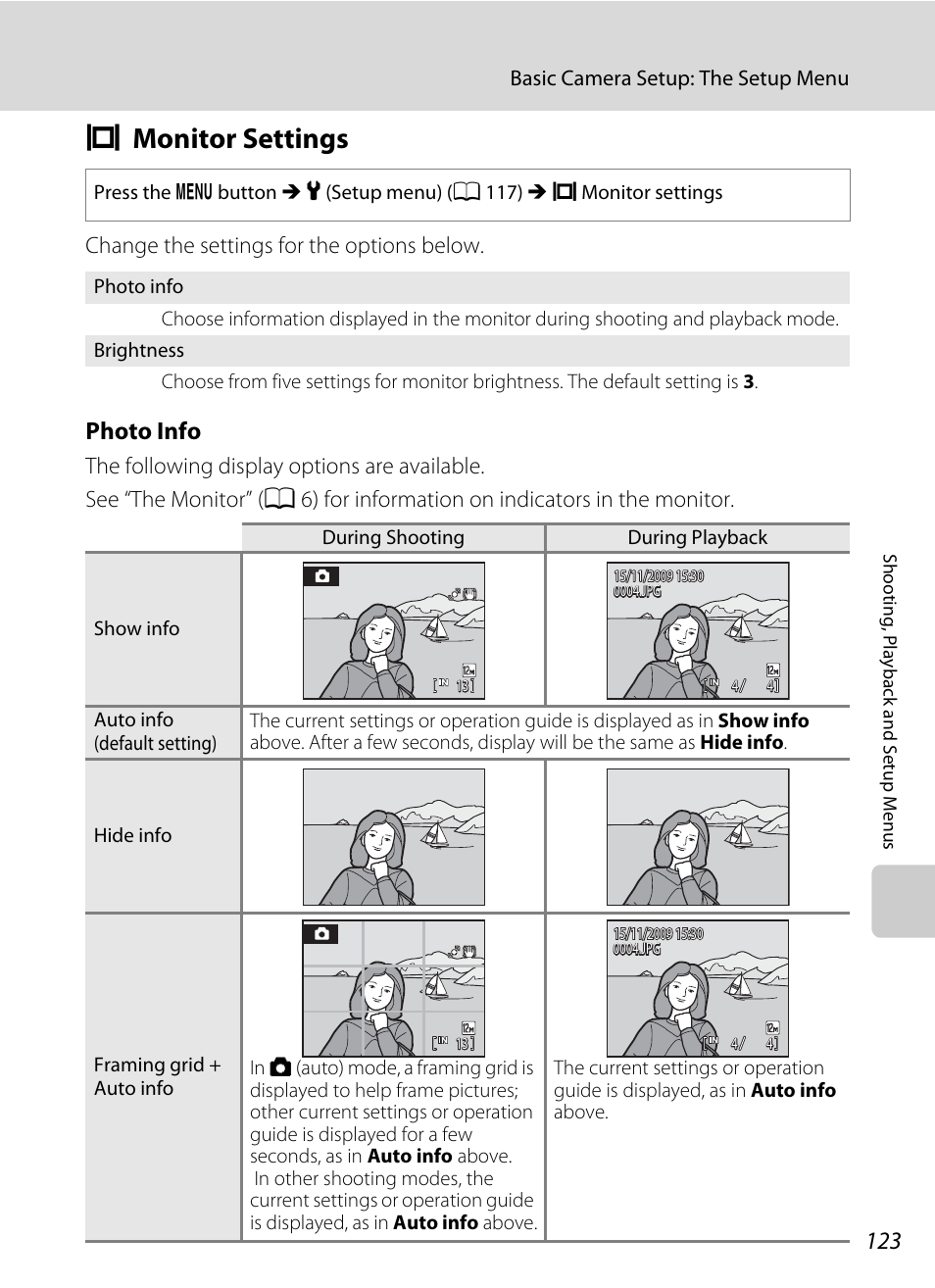 Monitor settings, E monitor settings, A 123) | Emonitor settings, Photo info | Nikon S640 User Manual | Page 135 / 176