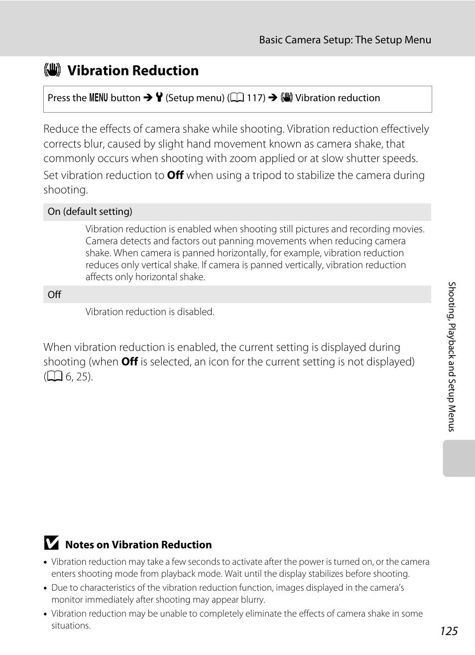 Vibration reduction, G vibration reduction, A 125) or | A 125), A 125) to, A 125) i, A 125) is ena, A 125) in th, Gvibration reduction | Nikon S640 User Manual | Page 137 / 176