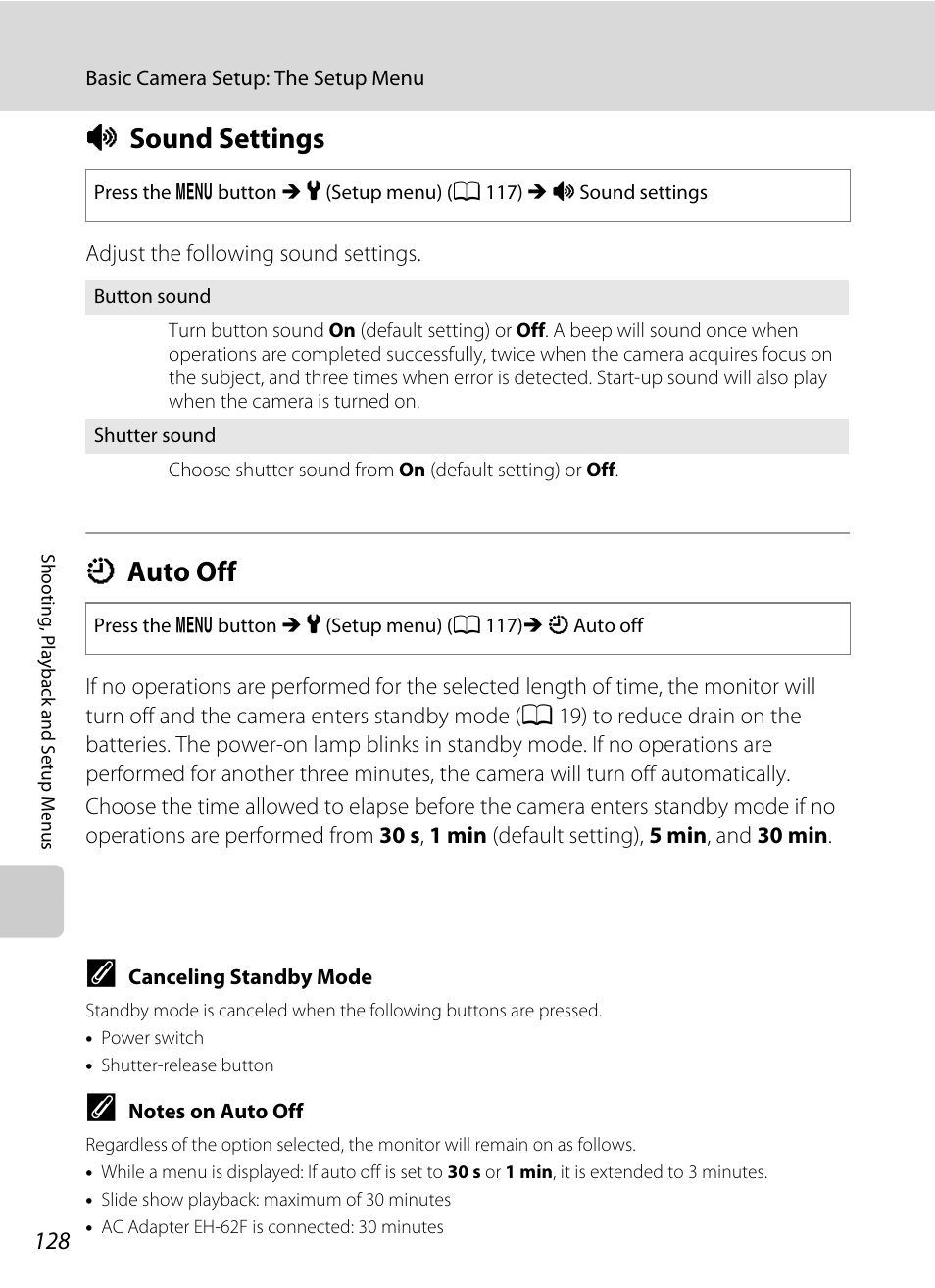 Sound settings, Auto off, I sound settings k auto off | A 128), A 128) duri, Isound settings, Kauto off | Nikon S640 User Manual | Page 140 / 176