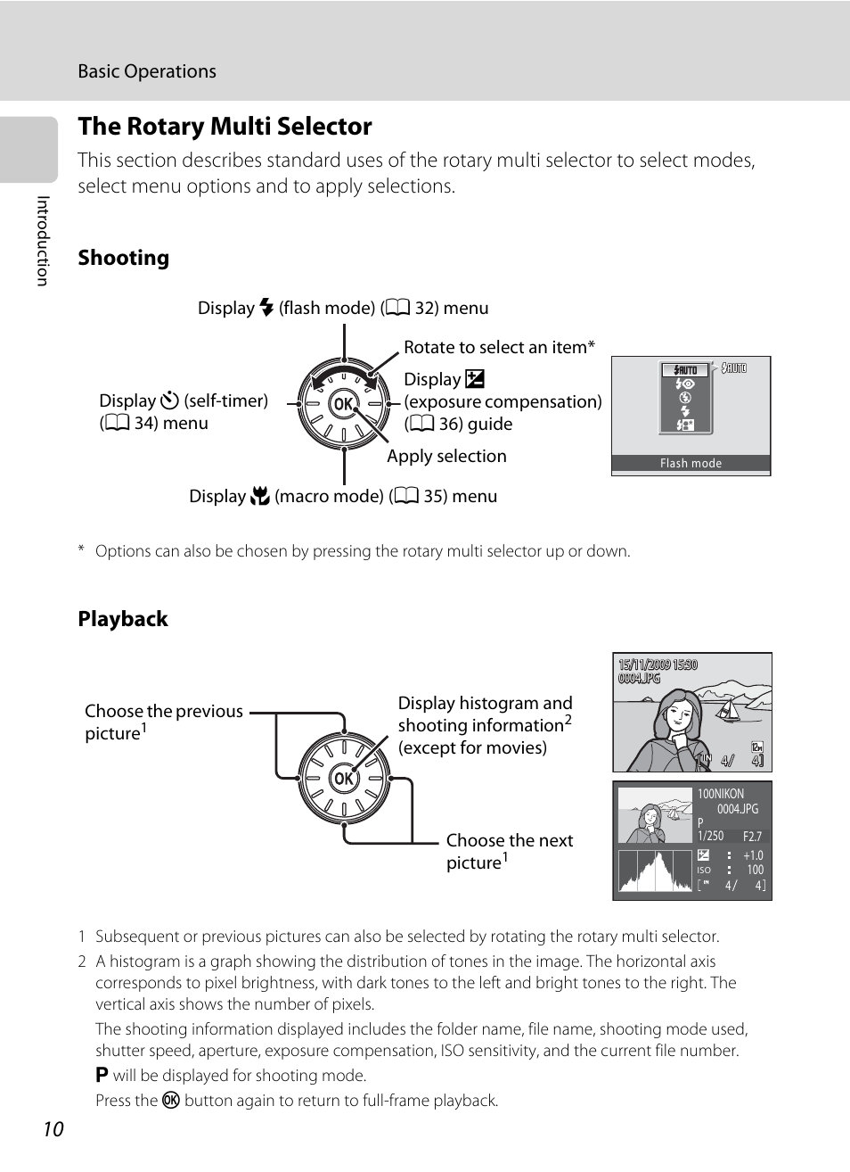 The rotary multi selector, A 10) to, Shooting | Playback | Nikon S640 User Manual | Page 22 / 176