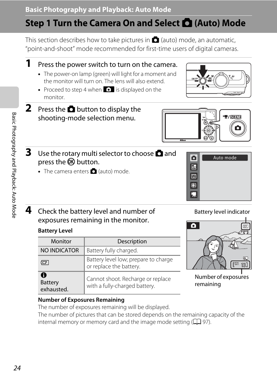 Basic photography and playback: auto mode, Step 1 turn the camera on and select (auto) mode, Step 1 turn the camera on and select a (auto) mode | A 24) | Nikon S640 User Manual | Page 36 / 176