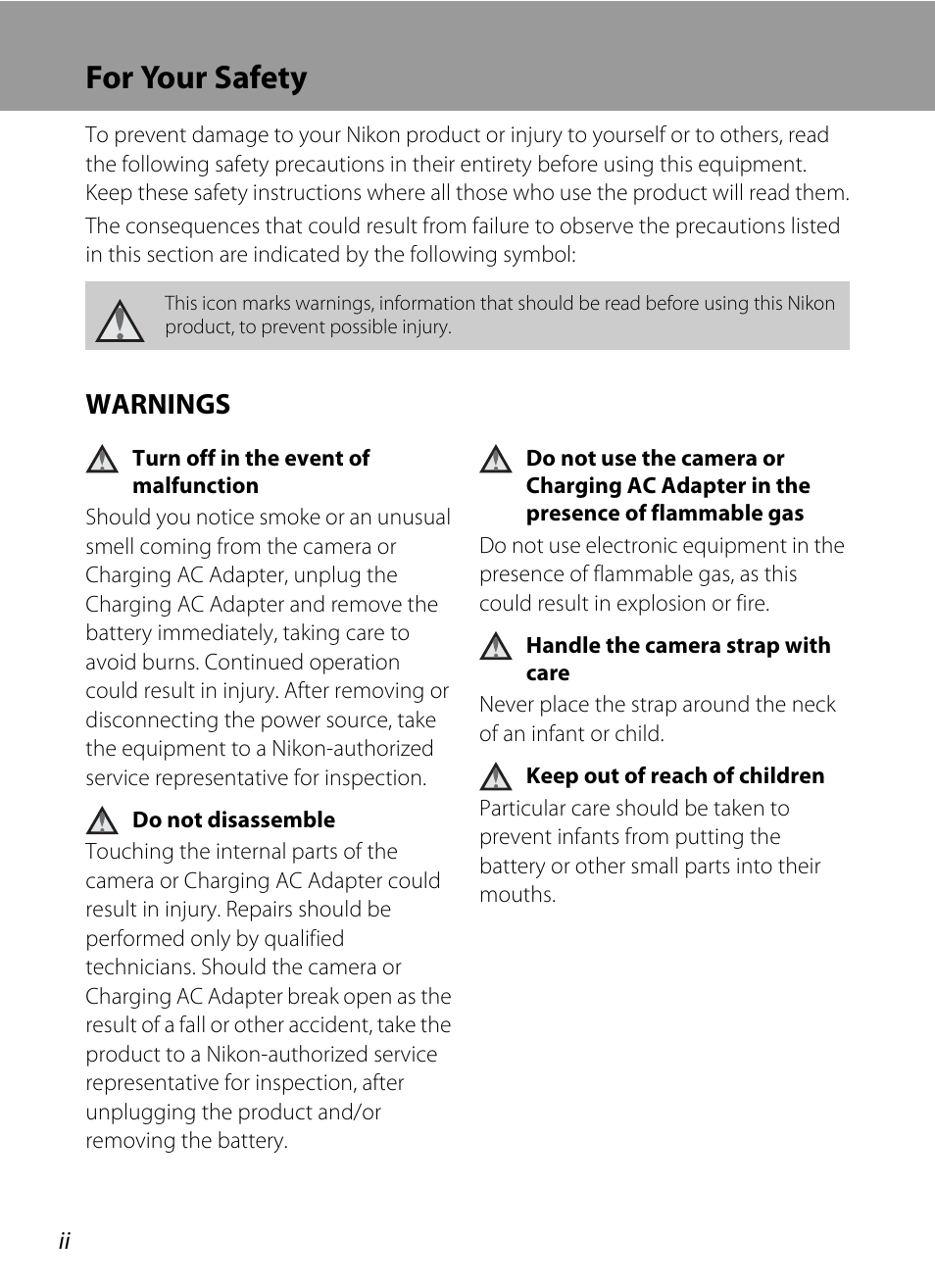 For your safety, Warnings | Nikon S640 User Manual | Page 4 / 176