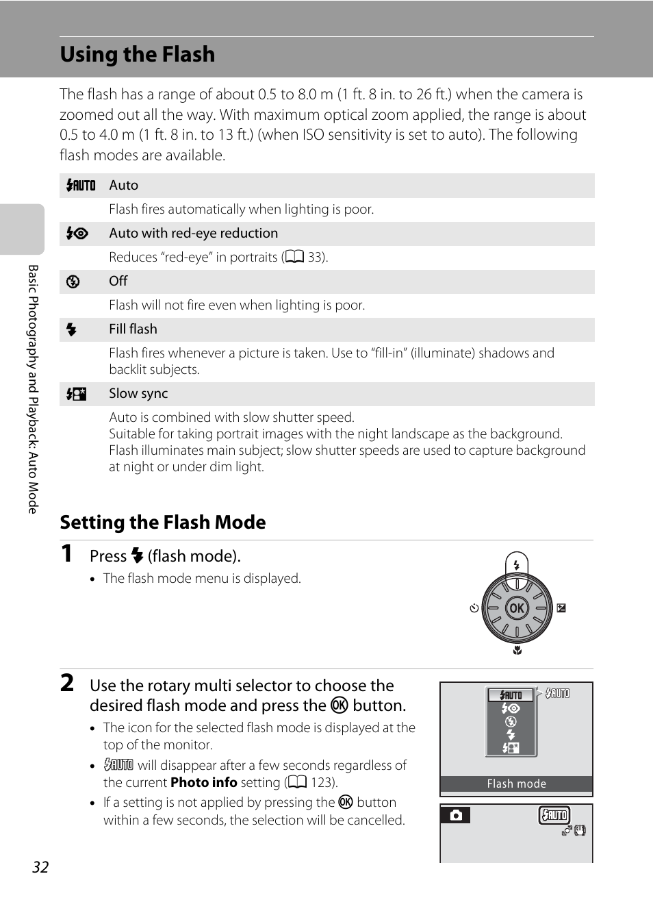 Using the flash, Setting the flash mode, A 32) m | A 32) and s, A 32) may | Nikon S640 User Manual | Page 44 / 176