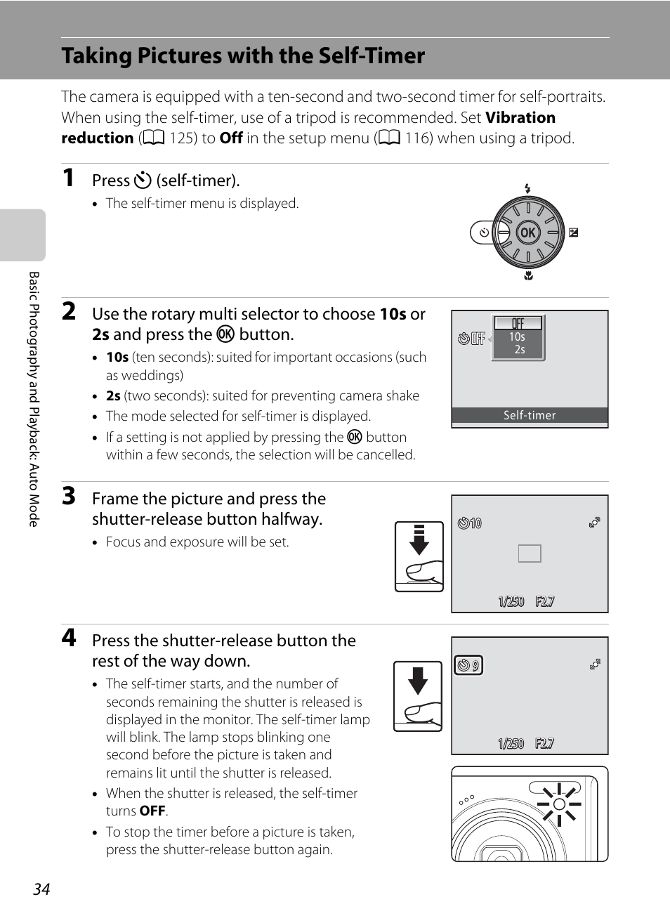 Taking pictures with the self-timer, A 34) men, A 34 | Nikon S640 User Manual | Page 46 / 176